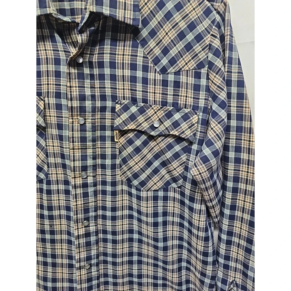 Levis Mens Blue Vintage Plaid‎ Pearl Snap Western Shirt Long Sleeve Sz M